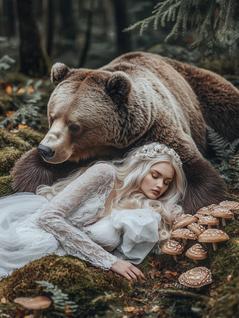 Blonde woman lying with giant bear in forest