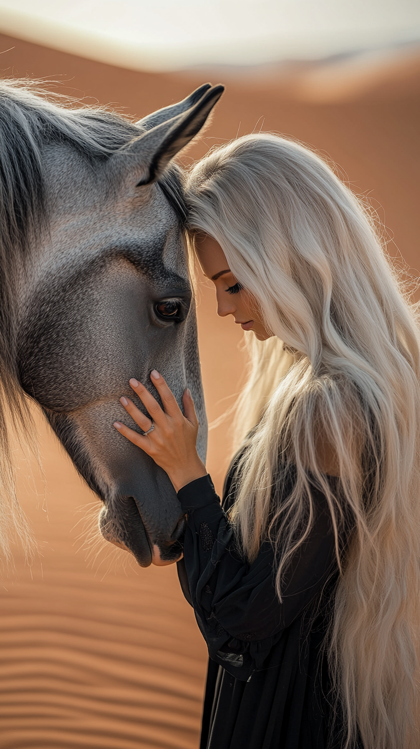 Blonde woman pets gray horse under desert sun.