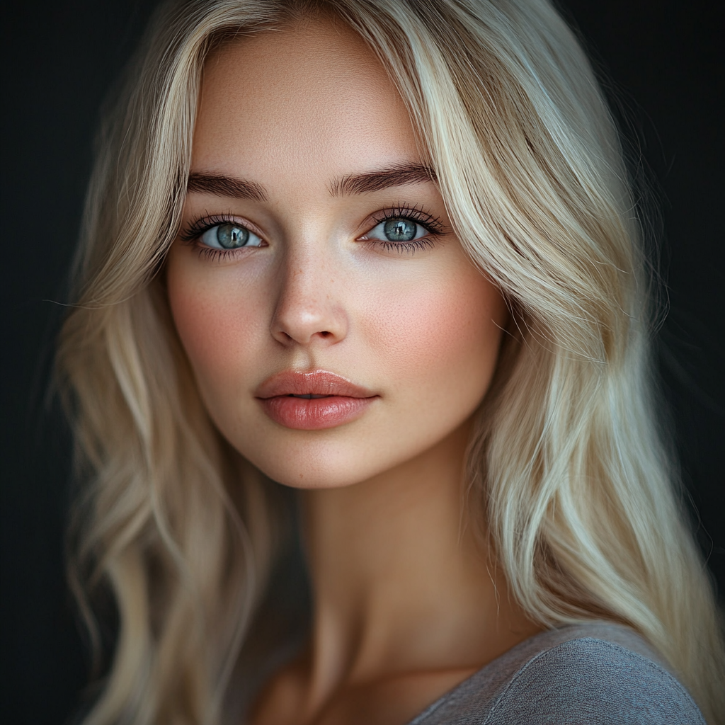 Blonde woman posing with makeup and arched eyebrow.