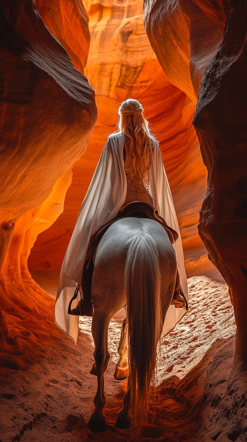 Blonde woman rides dappled horse in rocky canyon light.