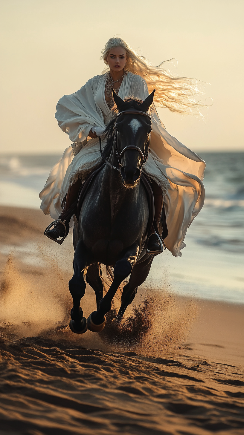 Blonde woman riding dark gray dapple horse.