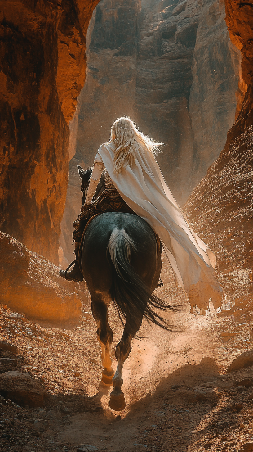 Blonde woman riding gray dapple horse in canyon.