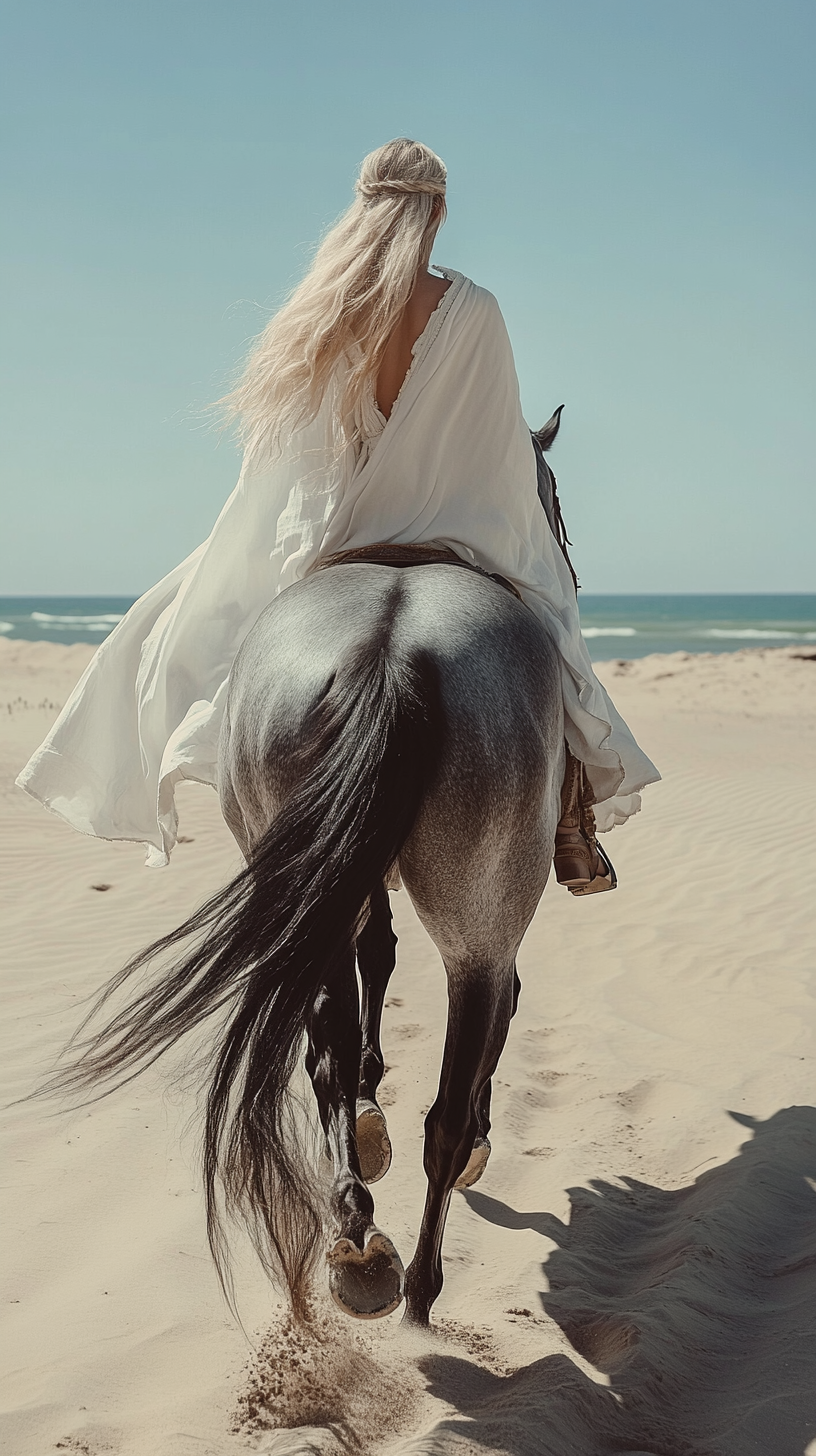 Blonde woman riding majestic dapple horse on beach.