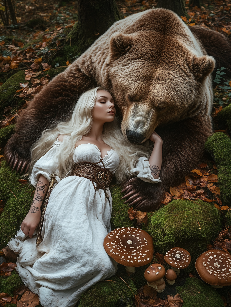 Blonde woman with bear in autumn forest