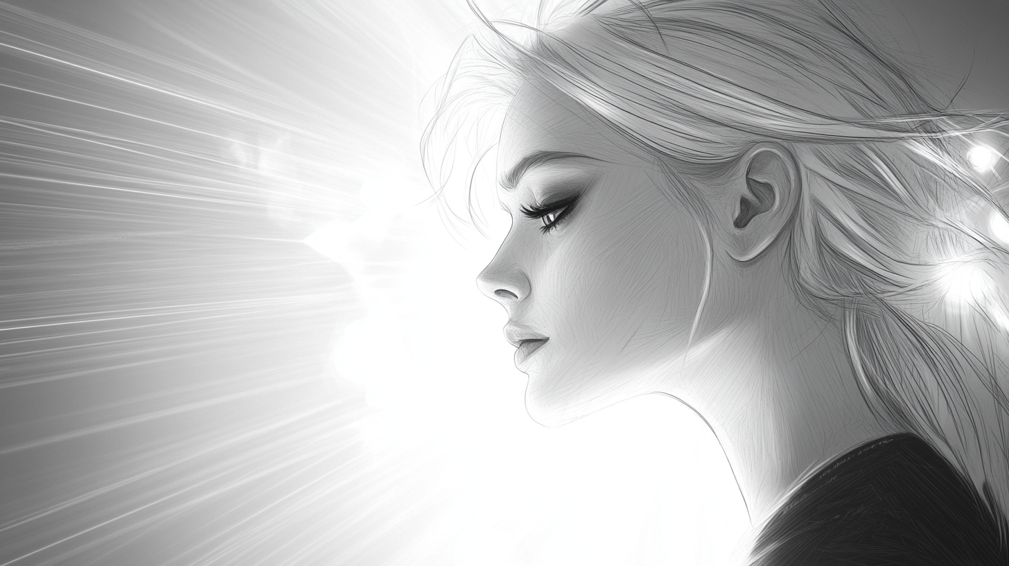 Blonde woman with refracted light in black & white.