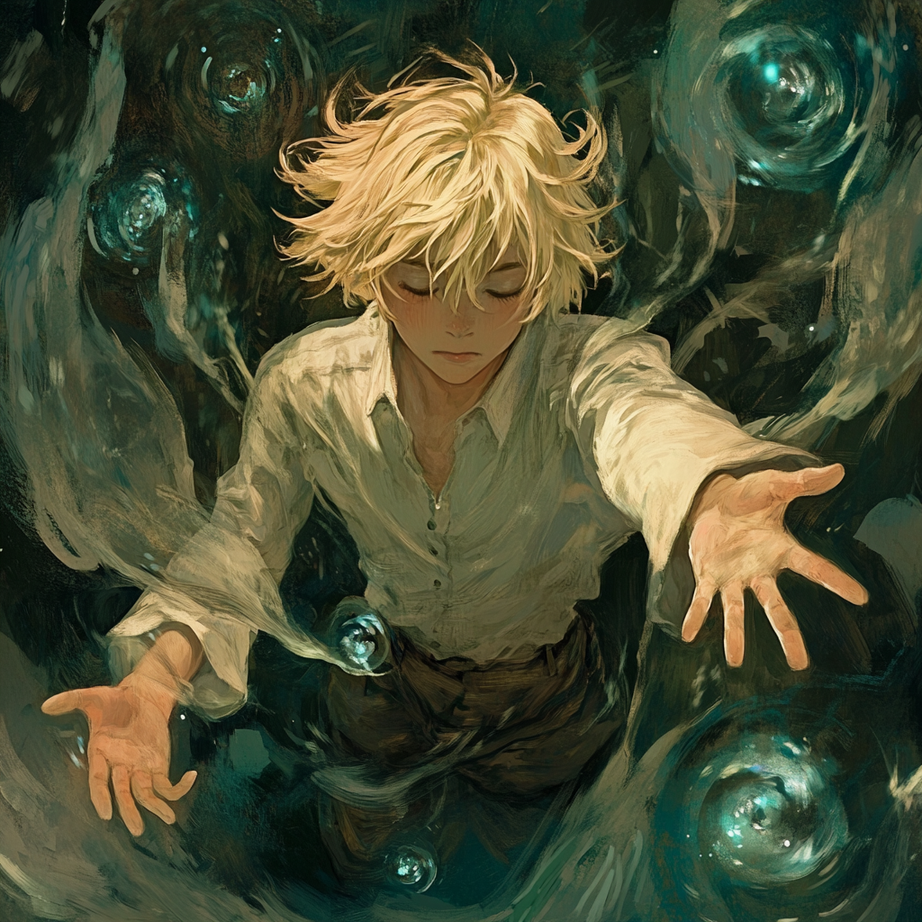 Blonde young man casting spell transforms falling