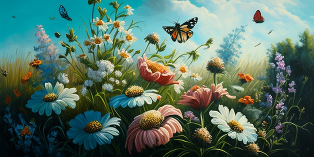 Blooming garden with sunlight, blue sky, flowers, butterflies.