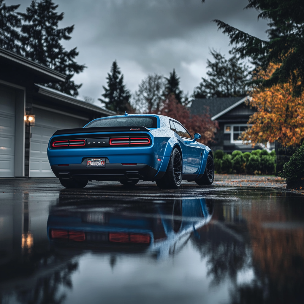 Blue 2024 Dodge Challenger Hellcat in front of upscale Seattle home.