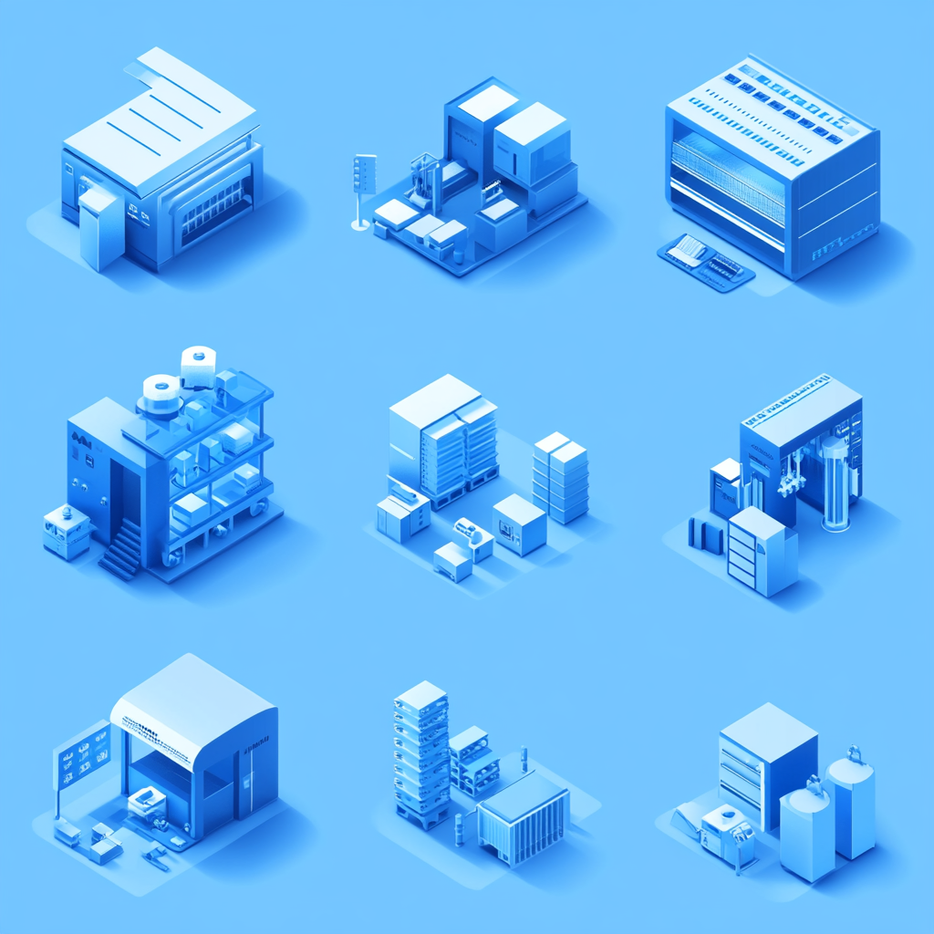 Blue 3D isometric illustrations of various business processes.