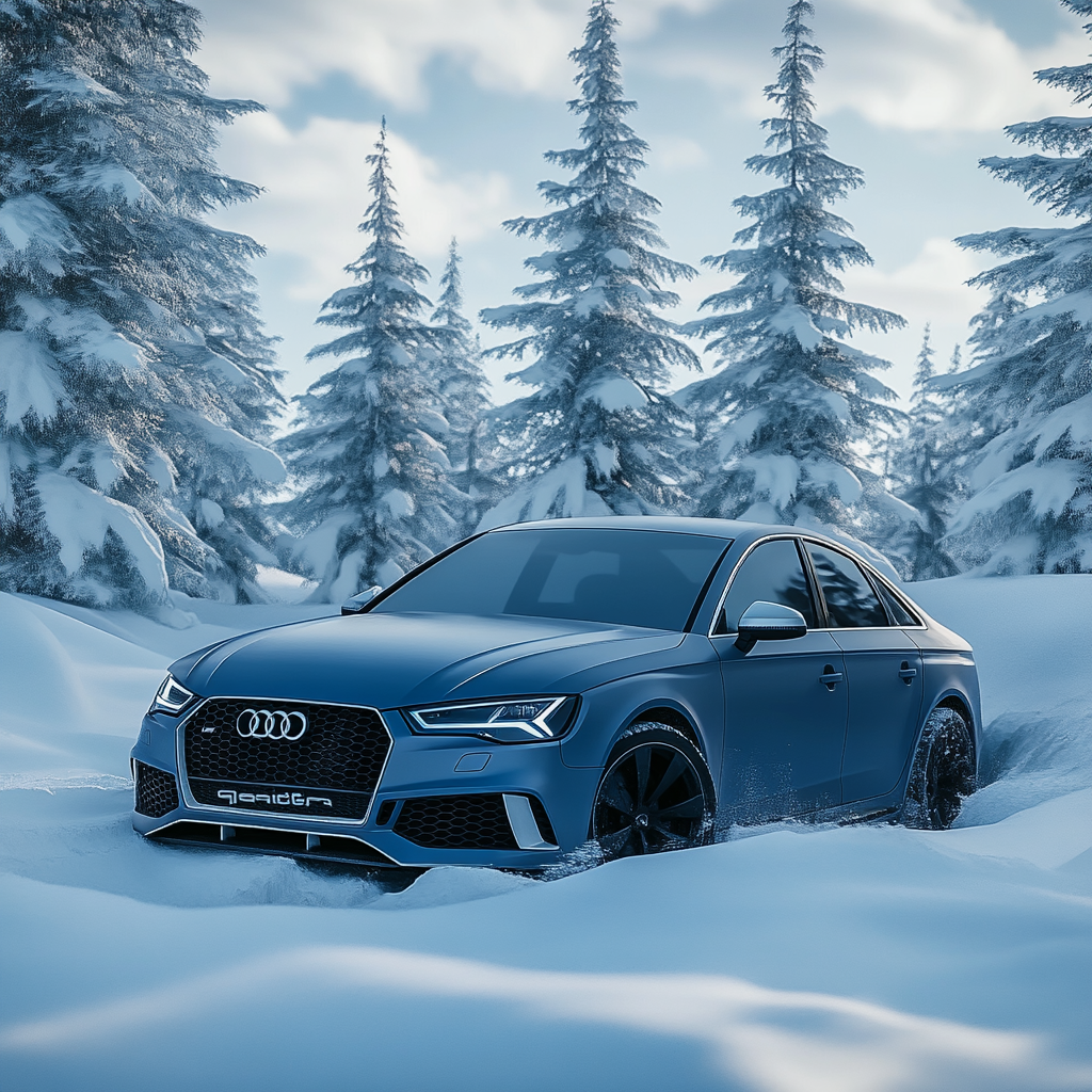 Blue Audi sedan car stuck in snowy forest.