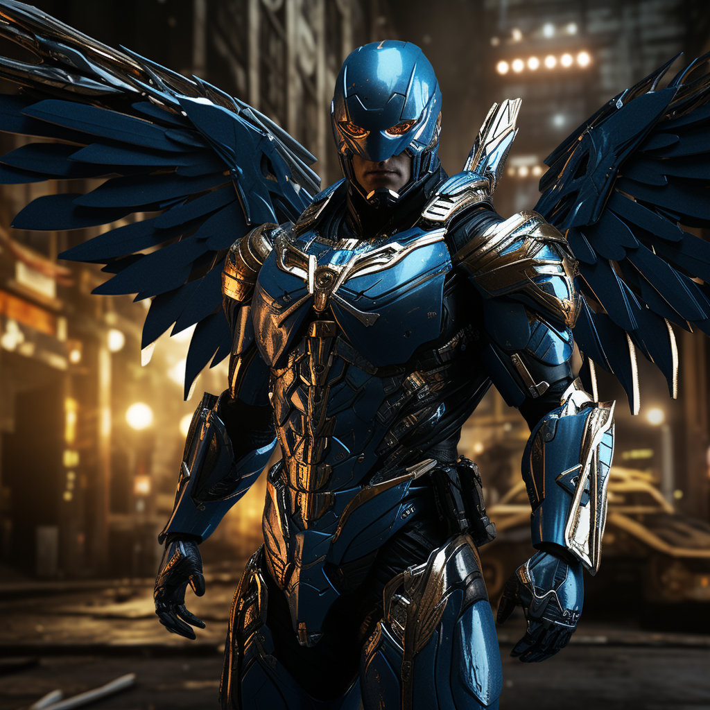 Blue bird superhero with mechanical wings