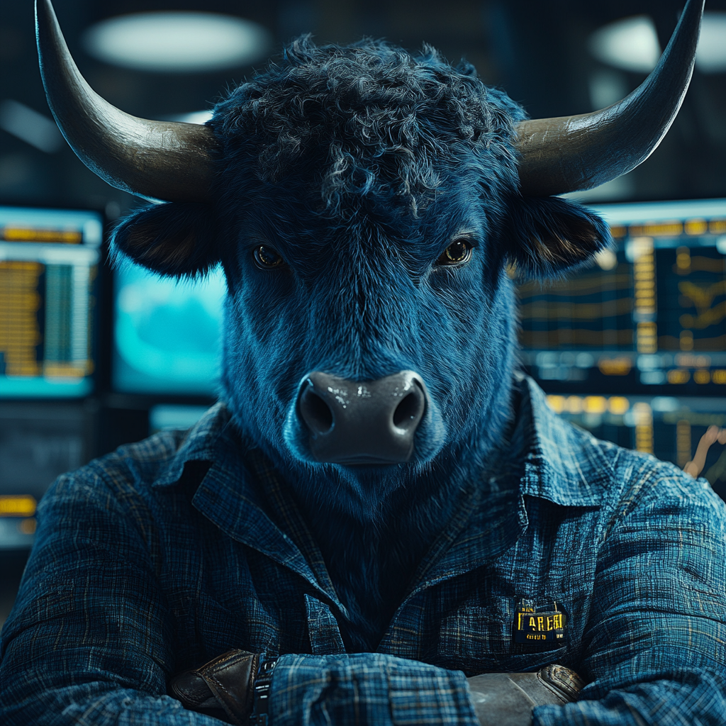 Blue Bull sad, trading stocks on computer. Sony Alpha.