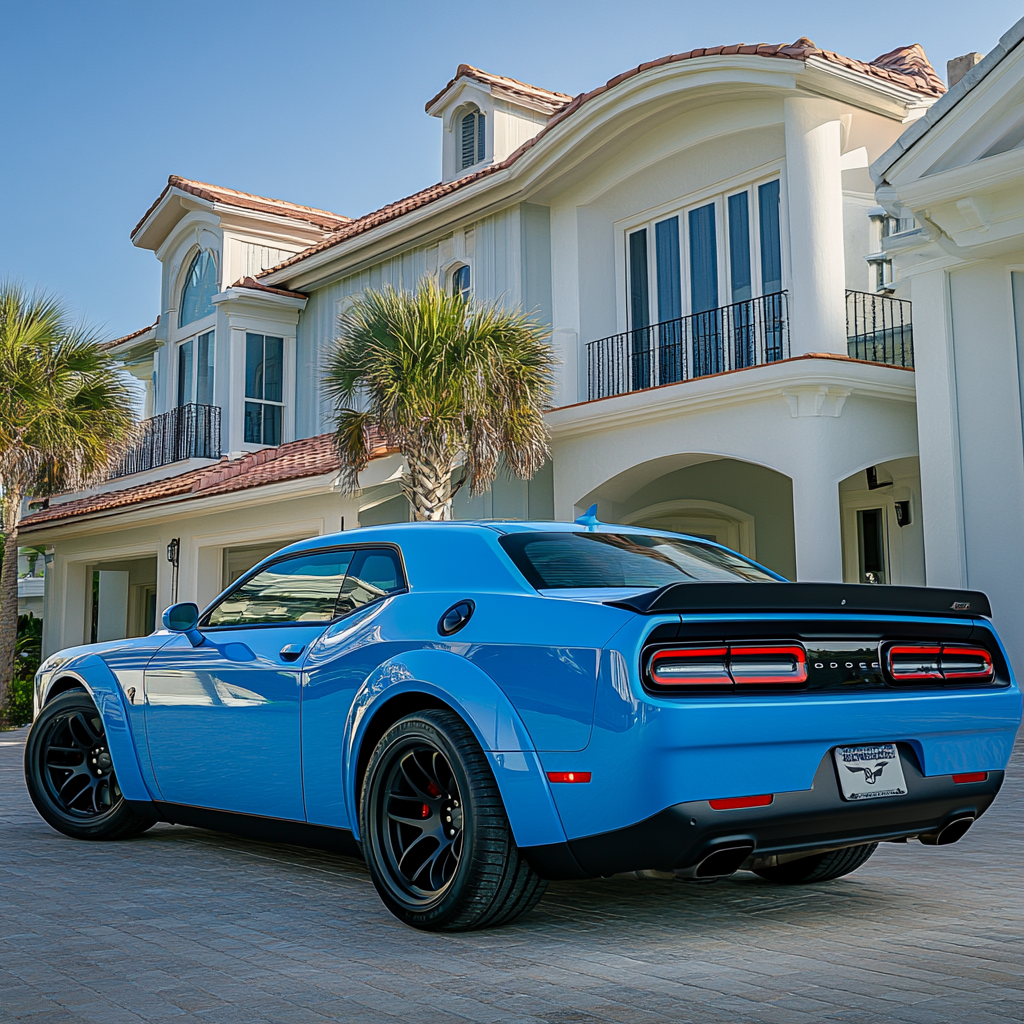 Blue Dodge Challenger Hellcat in affluent Pensacola Beach neighborhood.