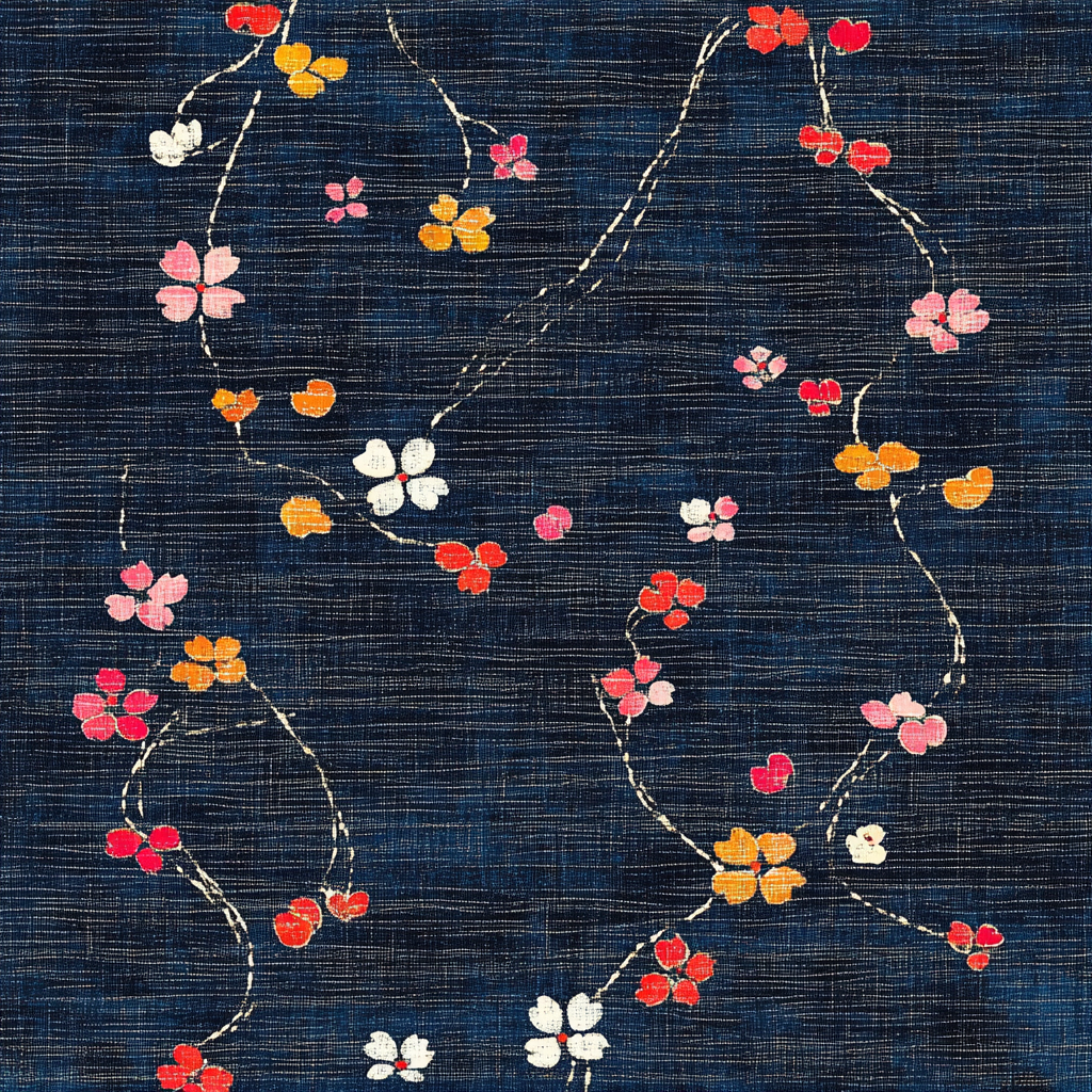 Blue Japanese pattern with vibrant accents on fabric.