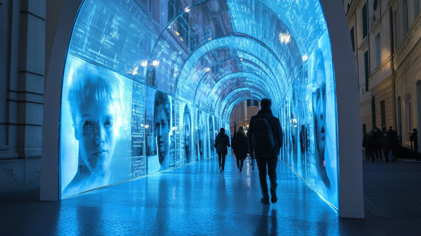 Blue LED tunnel with glass/acrylic faces, ethereal atmosphere.