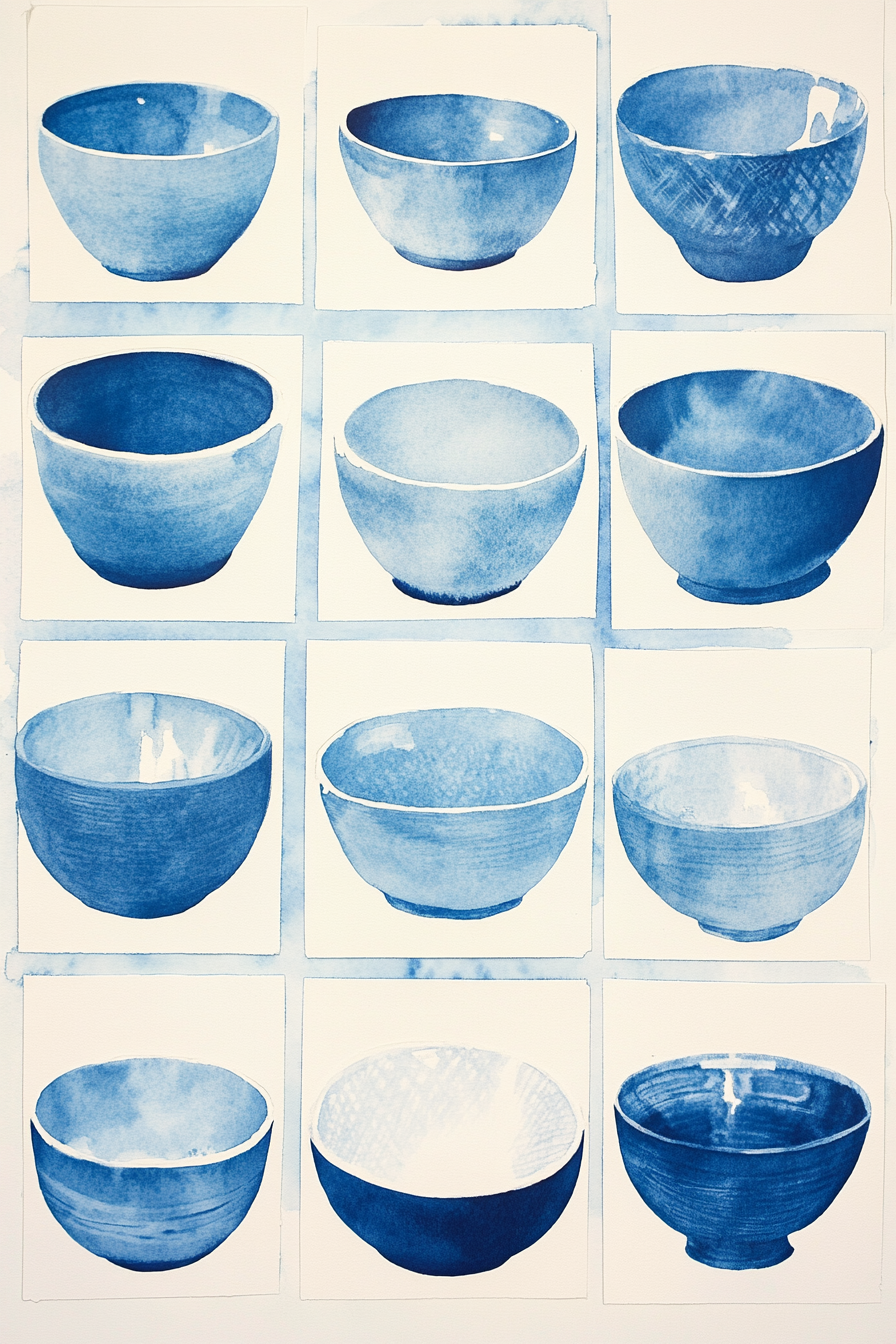 Blue and white bowls collage on watercolor grid