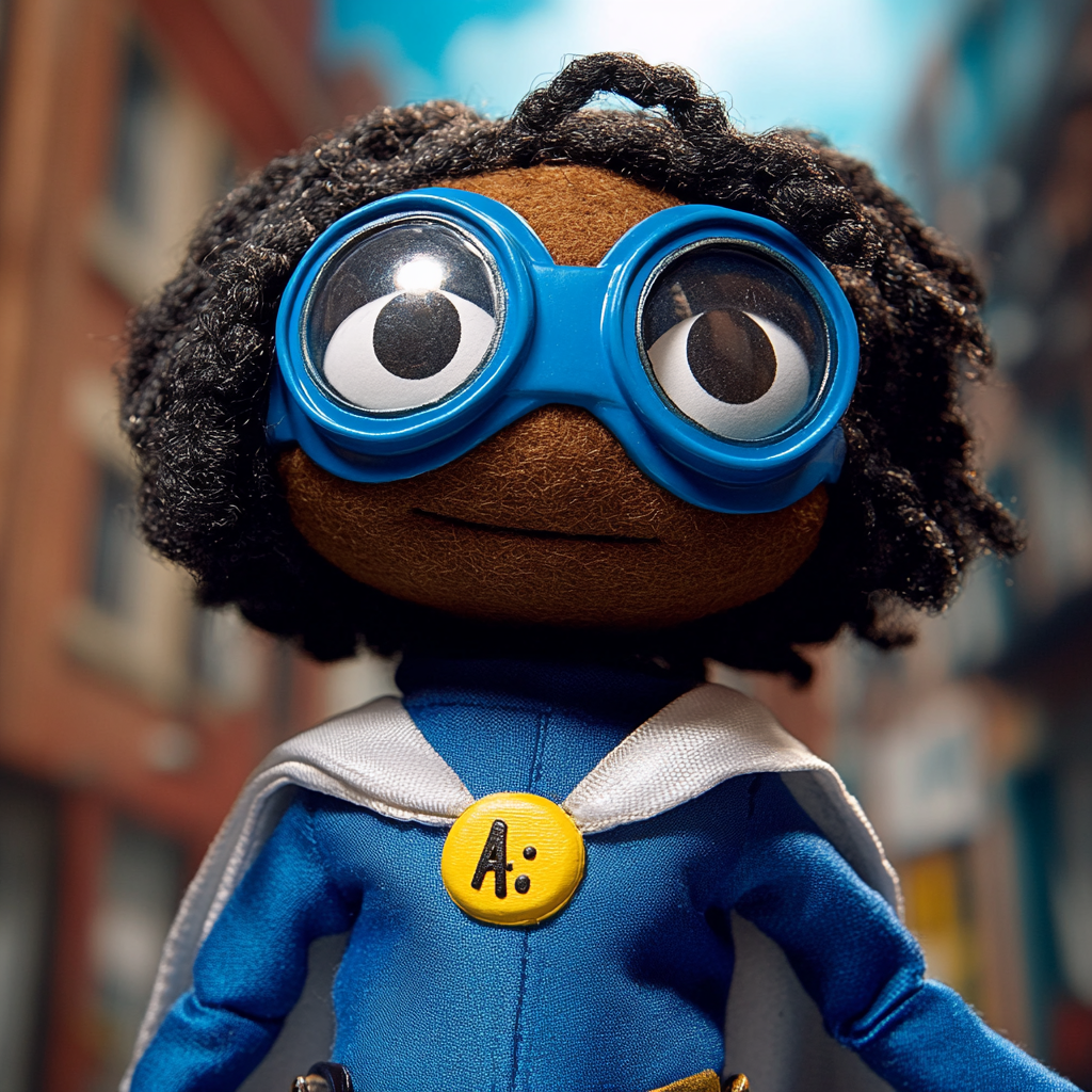 Blue and white superhero puppet A-Bullet.