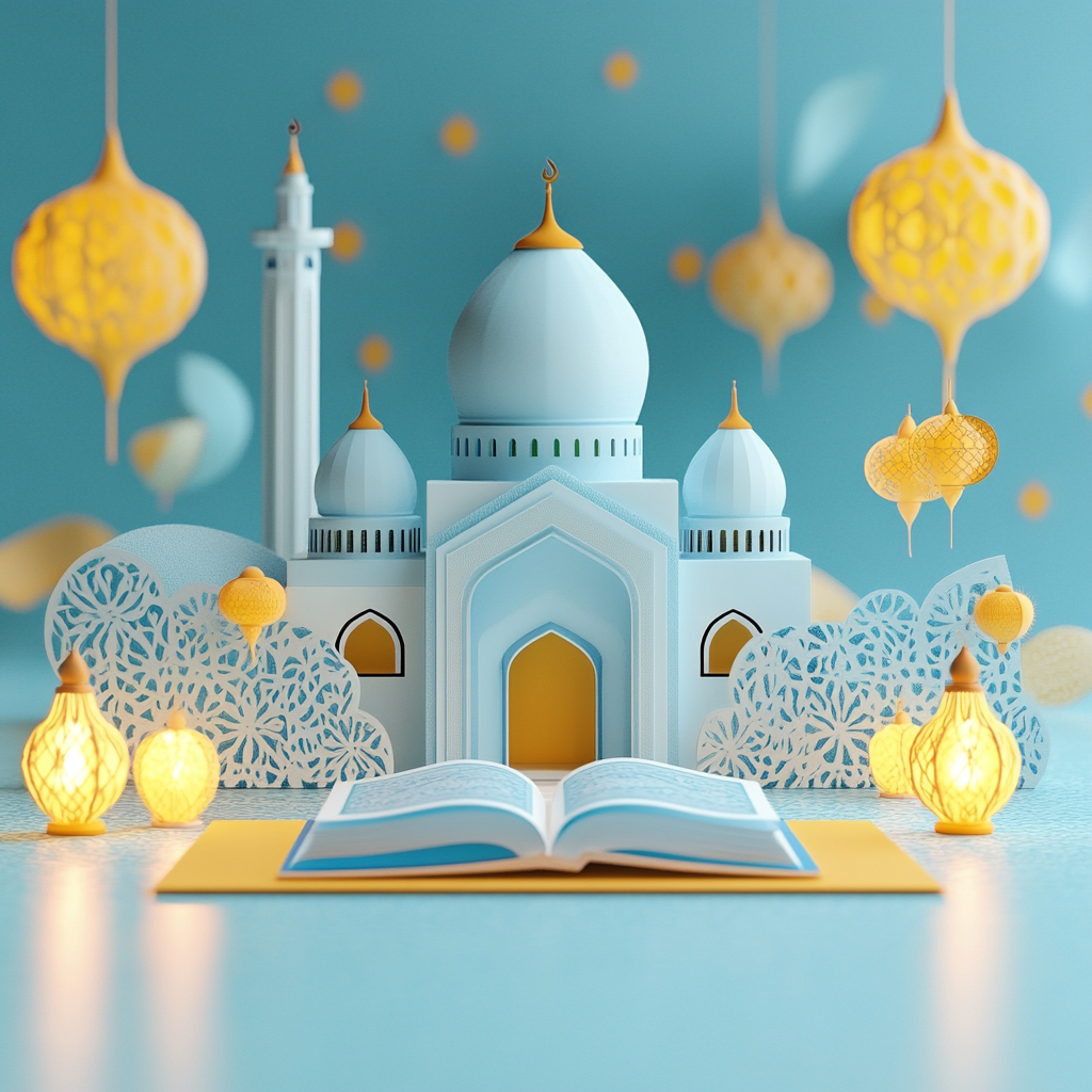 Blue and yellow Mawlid al-Nabi decor with mosque silhouette.