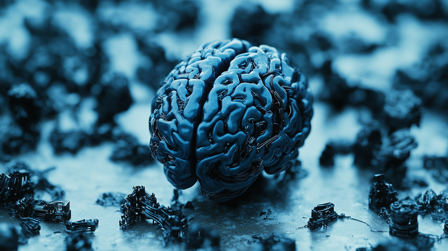 Blue brain in front of camera, mechanical parts, white background.