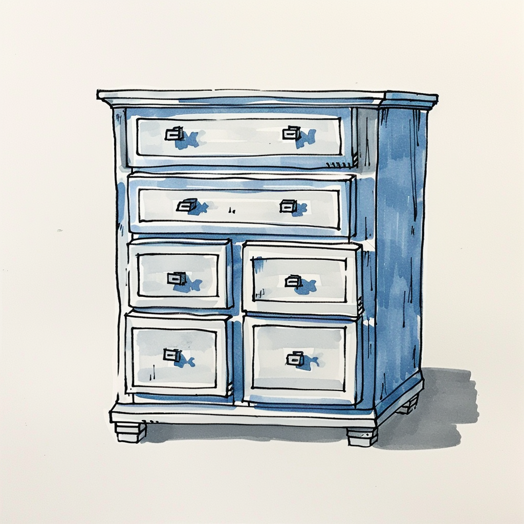 Blue cabinet with many drawers in drawing.