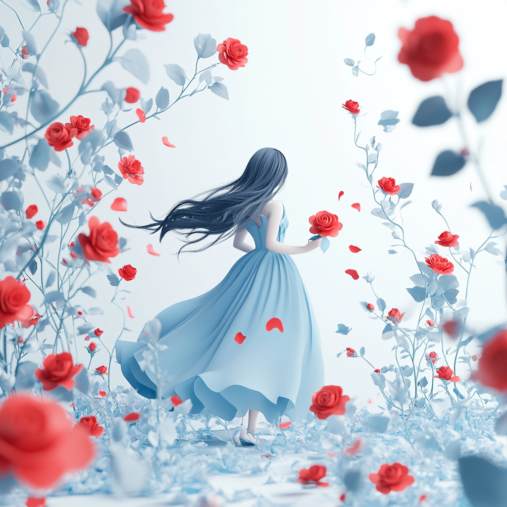 Blue dress, red roses, girl walking in flower sea.