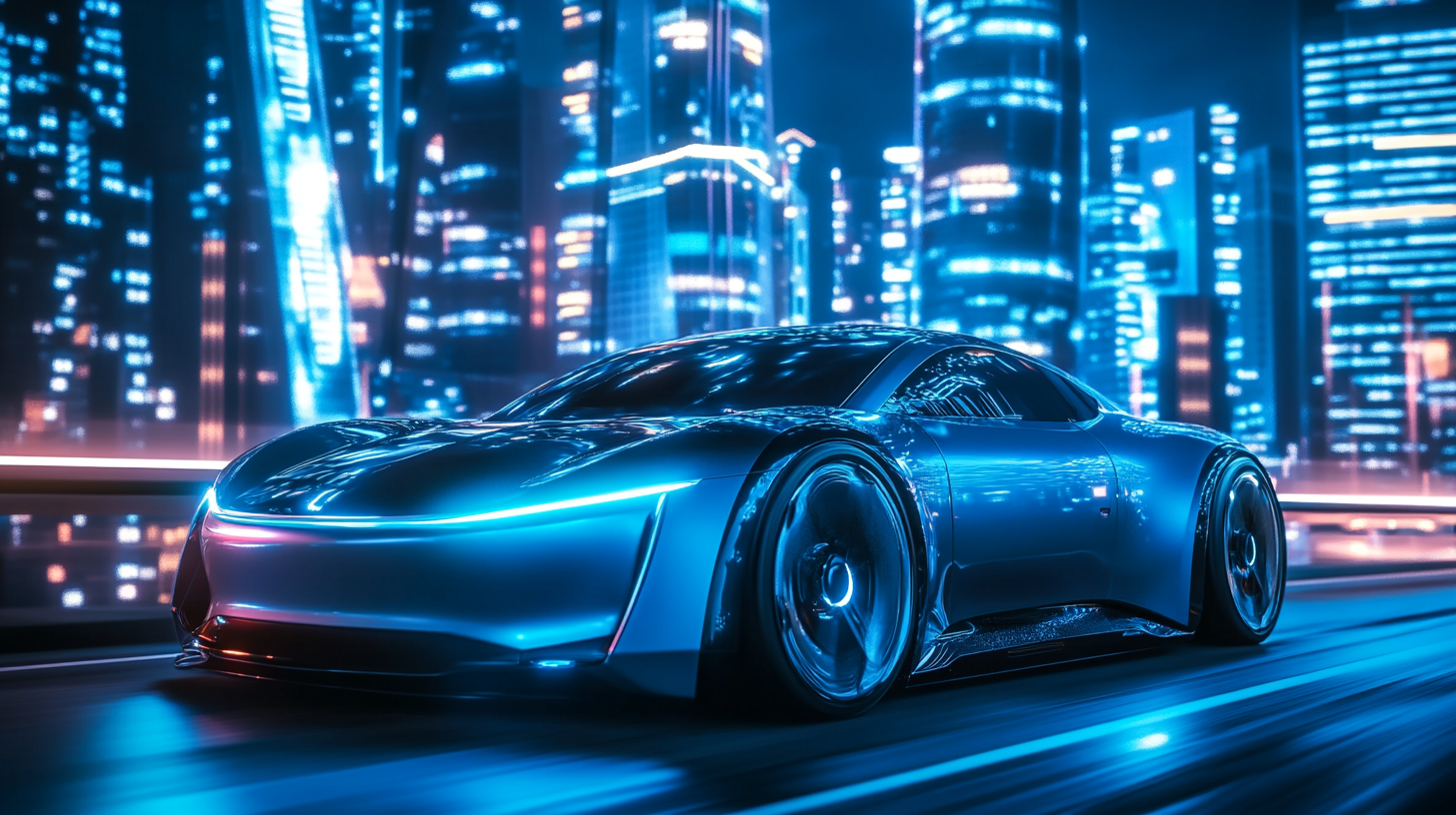 Blue electric cars with neon lights in futuristic city.