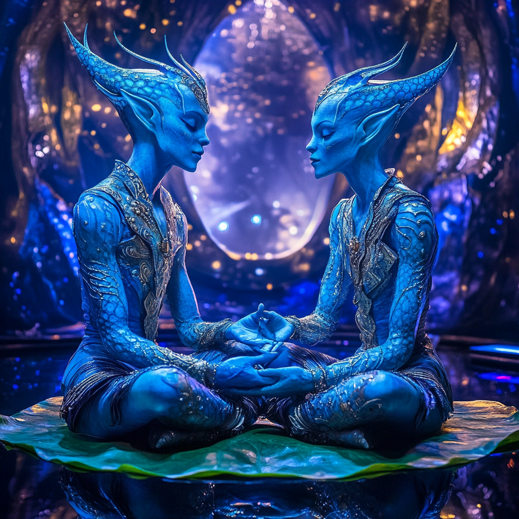 Blue elf aliens meditating in a spaceship