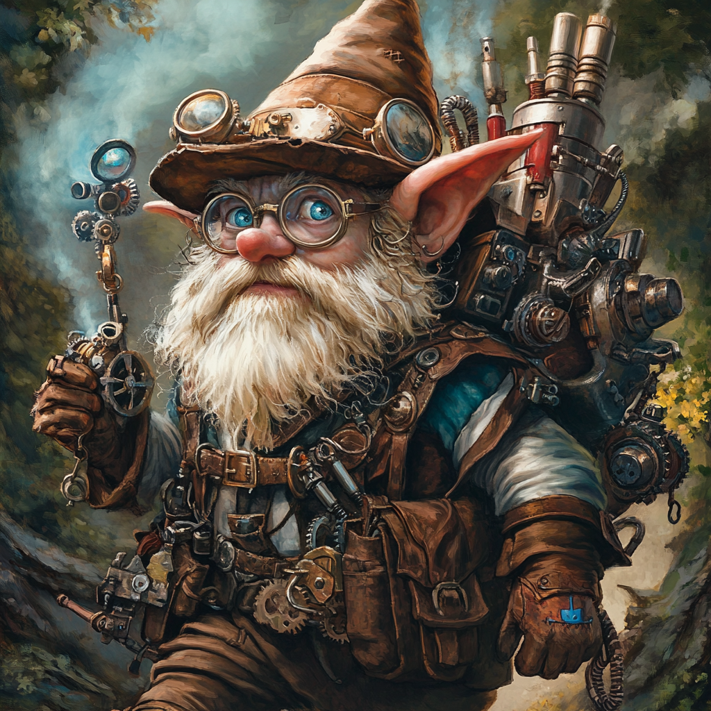 Blue-eyed gnome wizard with hat, glasses, gears carries bag