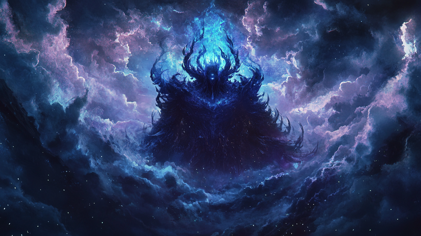 Blue fire in sky behind massive ancient demonic king.