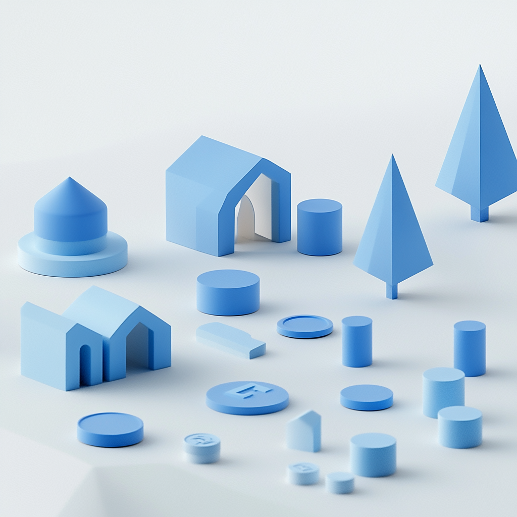 Blue houses and token coins in 3D