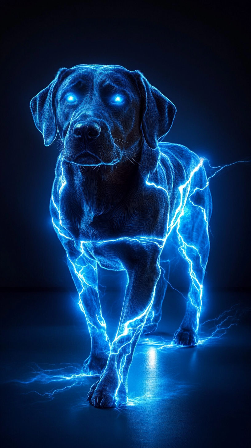 Blue lightning dog in dynamic storm scene.