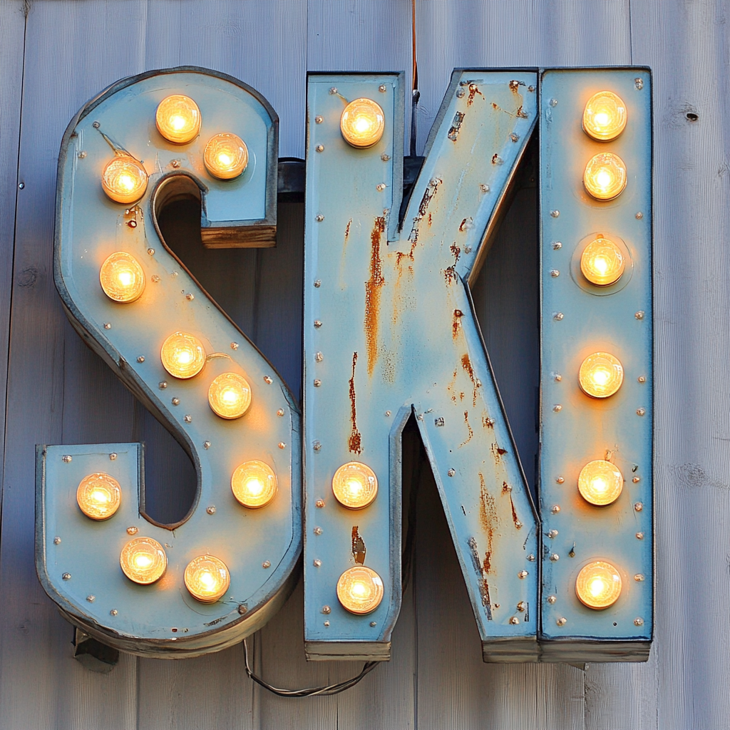 Blue metal sign with fairground style bulbs, no rust.