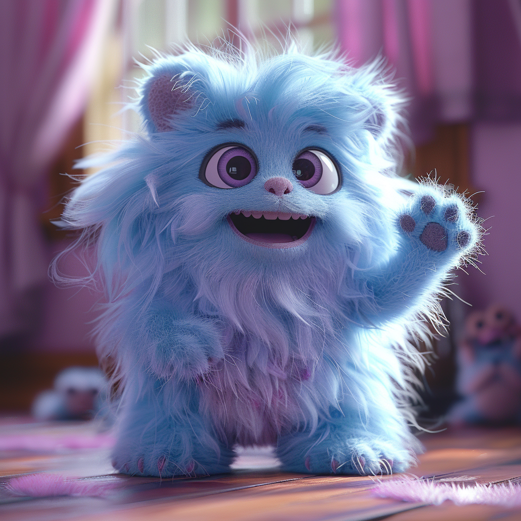 Blue monster with fluffy hair, pink lips, friendly expression.