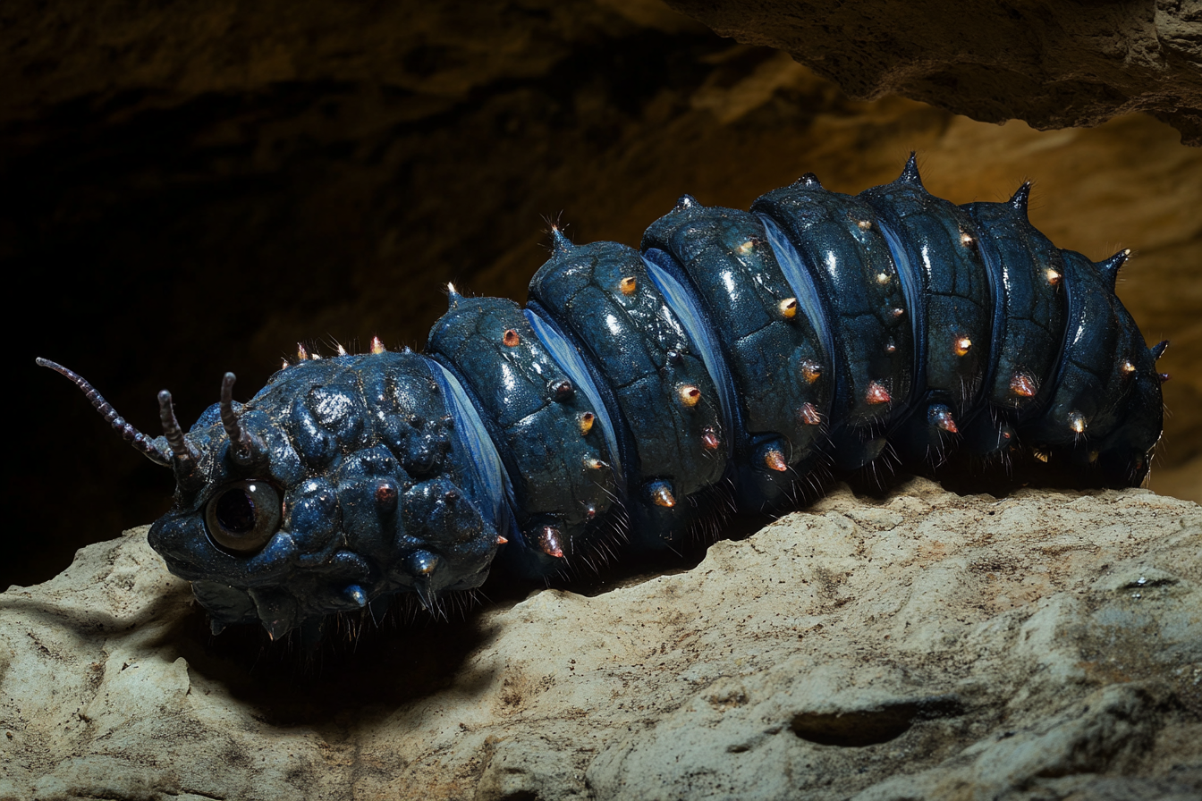 Blue monster with legs and eyes on cave roof.