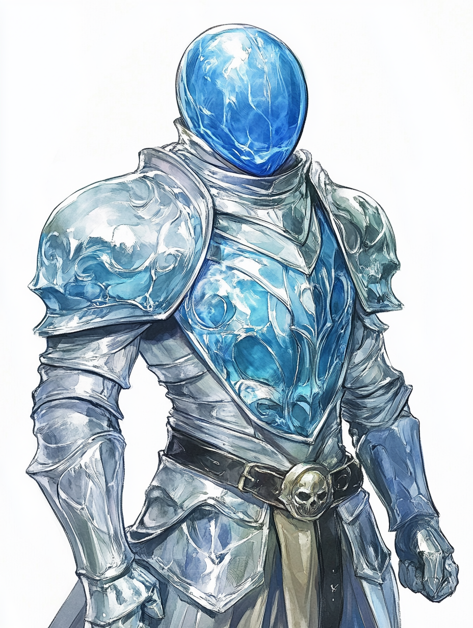 Blue plasmoid figure in shining silver knight armor portrait.