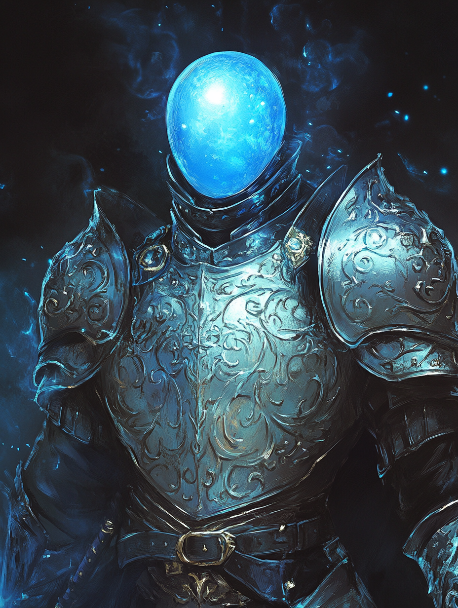 Blue plasmoid figure in shining silver knight armor.