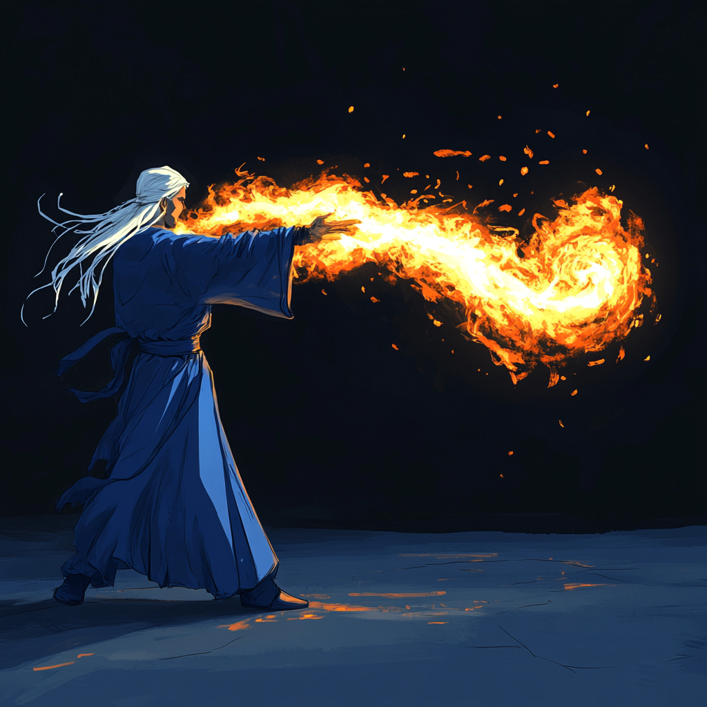 Blue-robed wizard casting fire magic on flaming target.