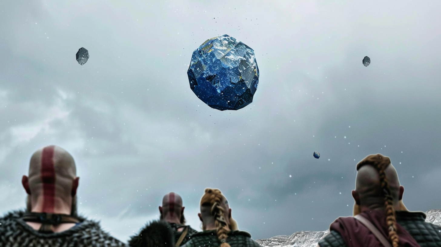 Blue sapphire meteorite falling in Norway, Viking men watching