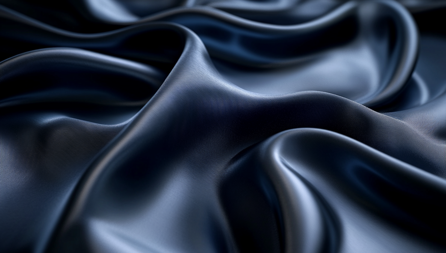 Blue silk with grey reflections, flowing waves, dark background.