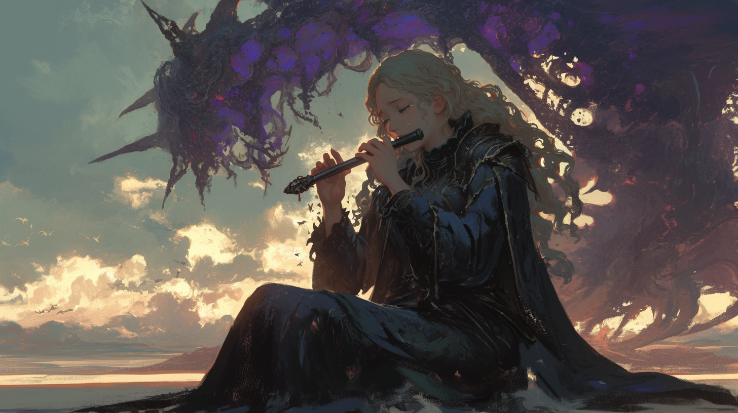 Blue-skinned woman plays flute in Elden-Ring dark fantasy.