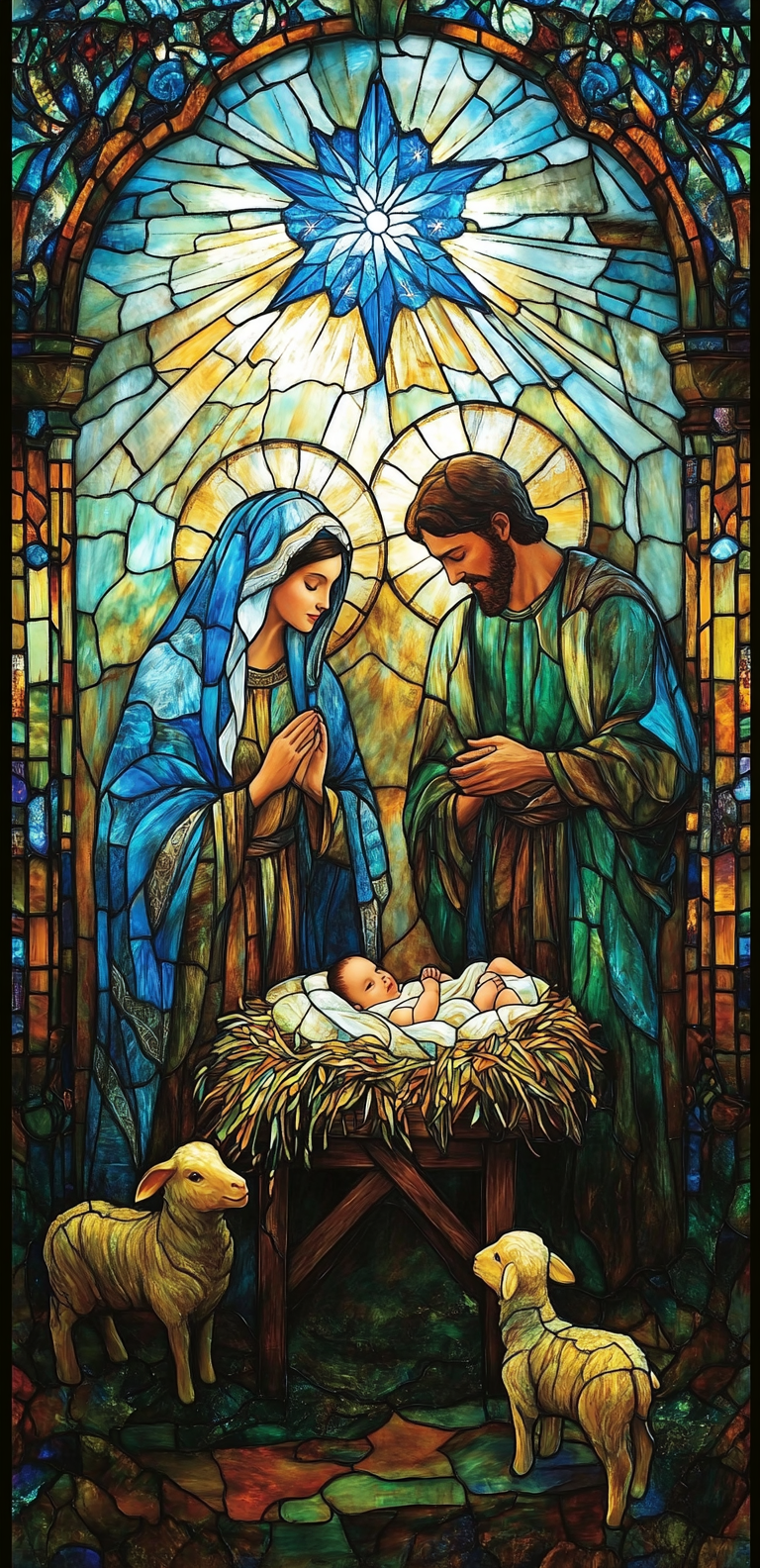 Blue star shines above cradle with Mary, Joseph.