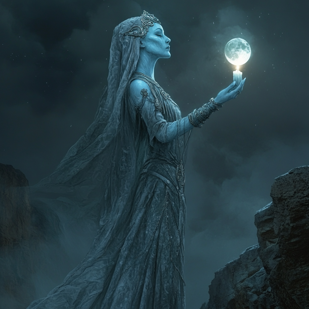 Blue woman with wax skin, candle head, silver robes, moon.