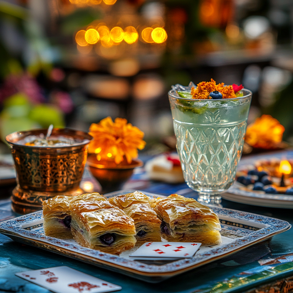 Blueberry baklava, gin and tonic in bright image