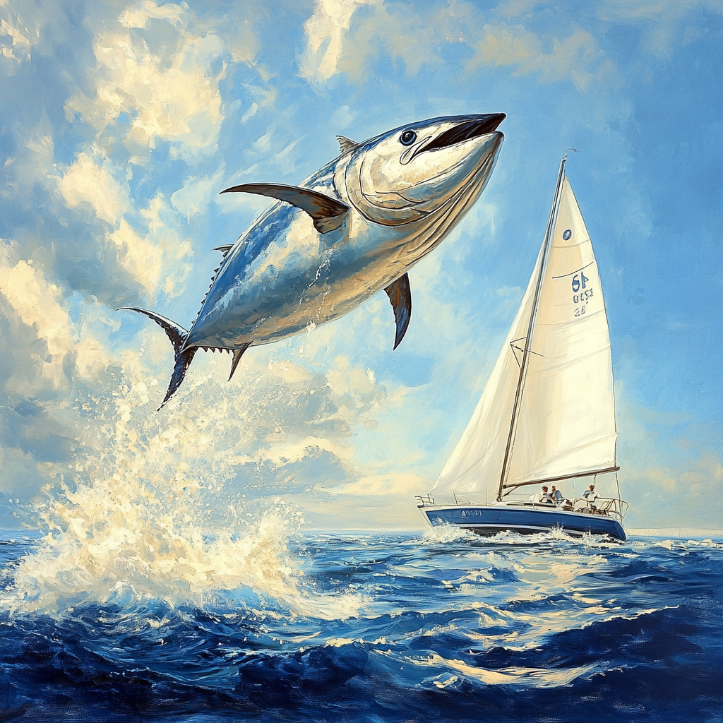 Bluefin tuna jumping over sailboat in serene ocean setting.