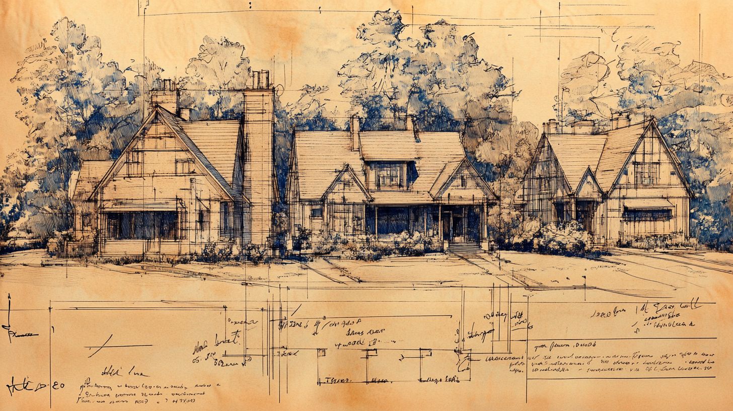 Blueprints of small houses with detailed measurements and sketches.