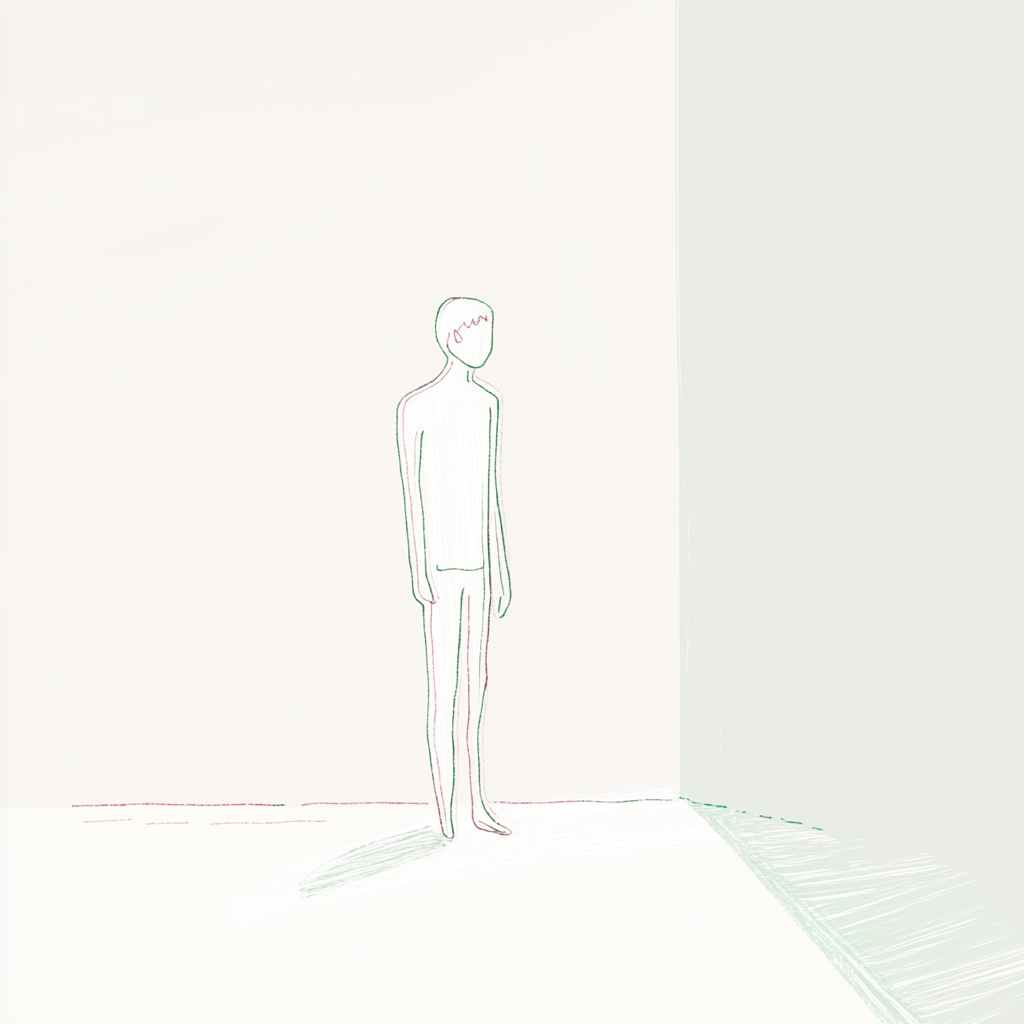 Blurred figure in minimalist room with cold light scenery.