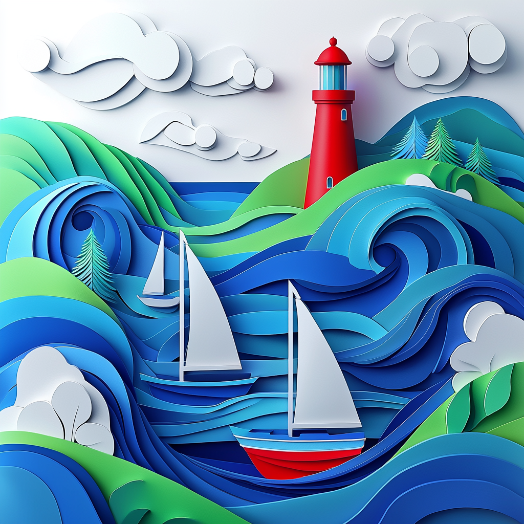 Boats and lighthouse in blue-green sea scene.