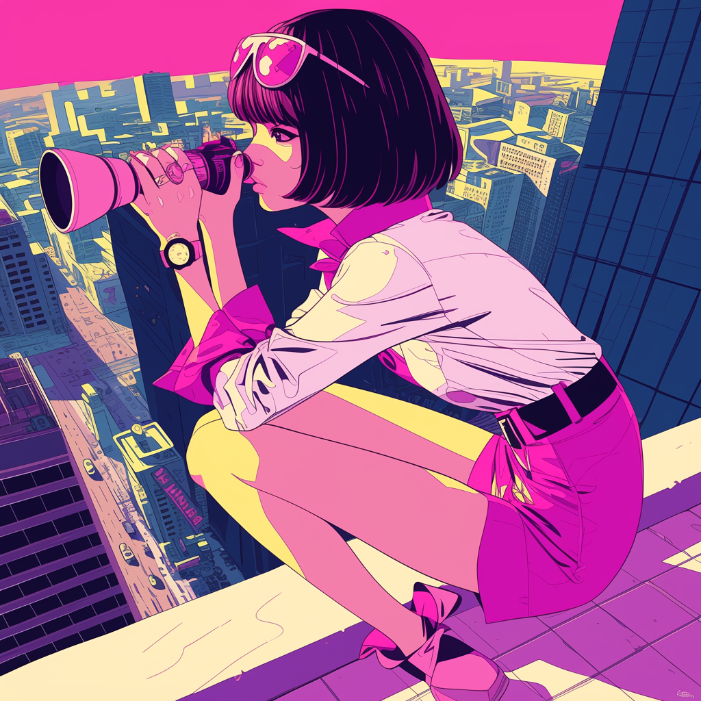 Bob cut Mexican woman with binoculars in futuristic city.