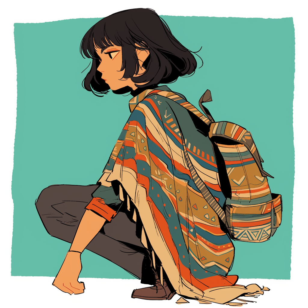 Bob haircut Mexican woman in poncho kneeling with backpack.