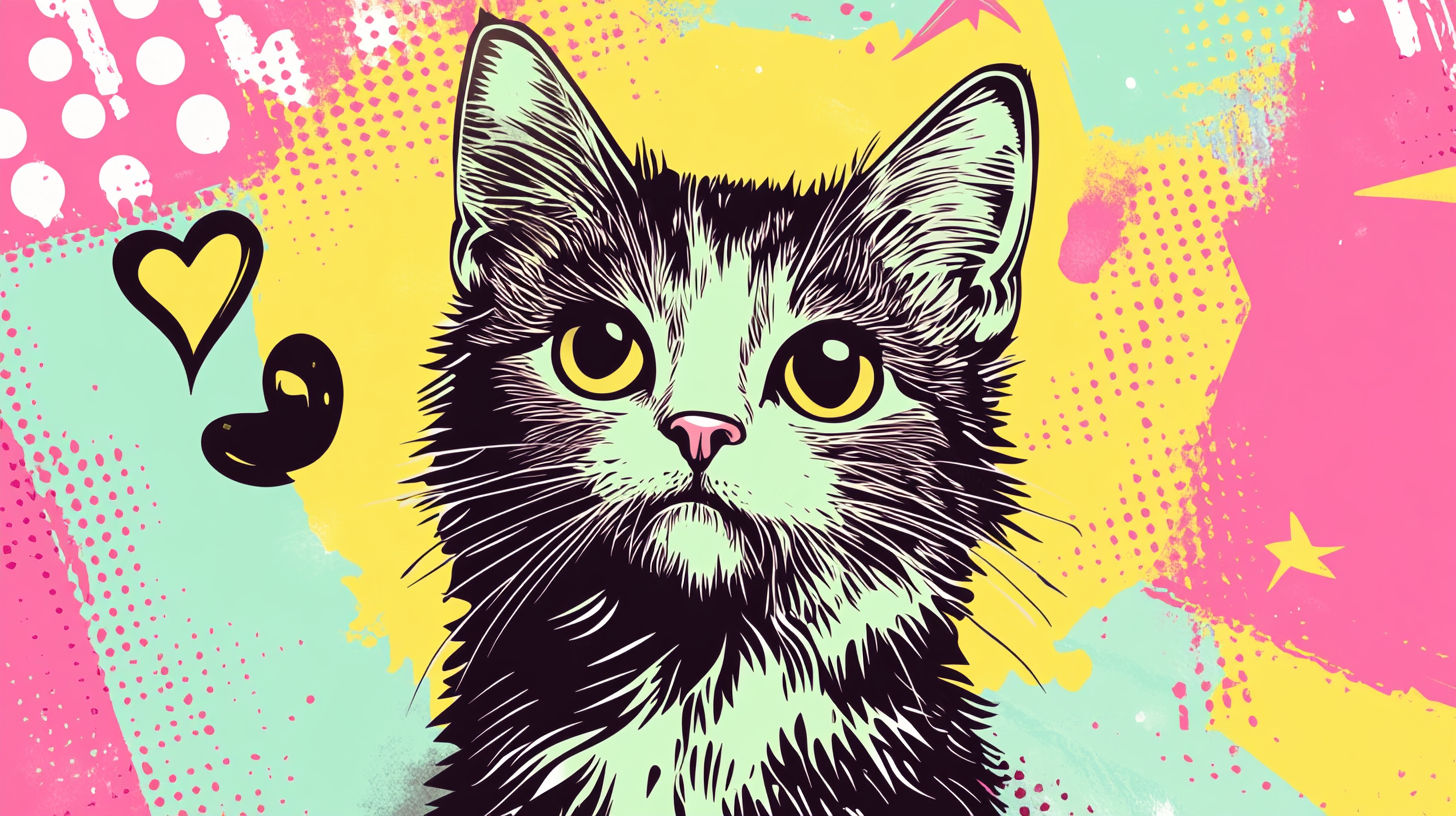 Bodhisattva cat in pop art style with retro elements.